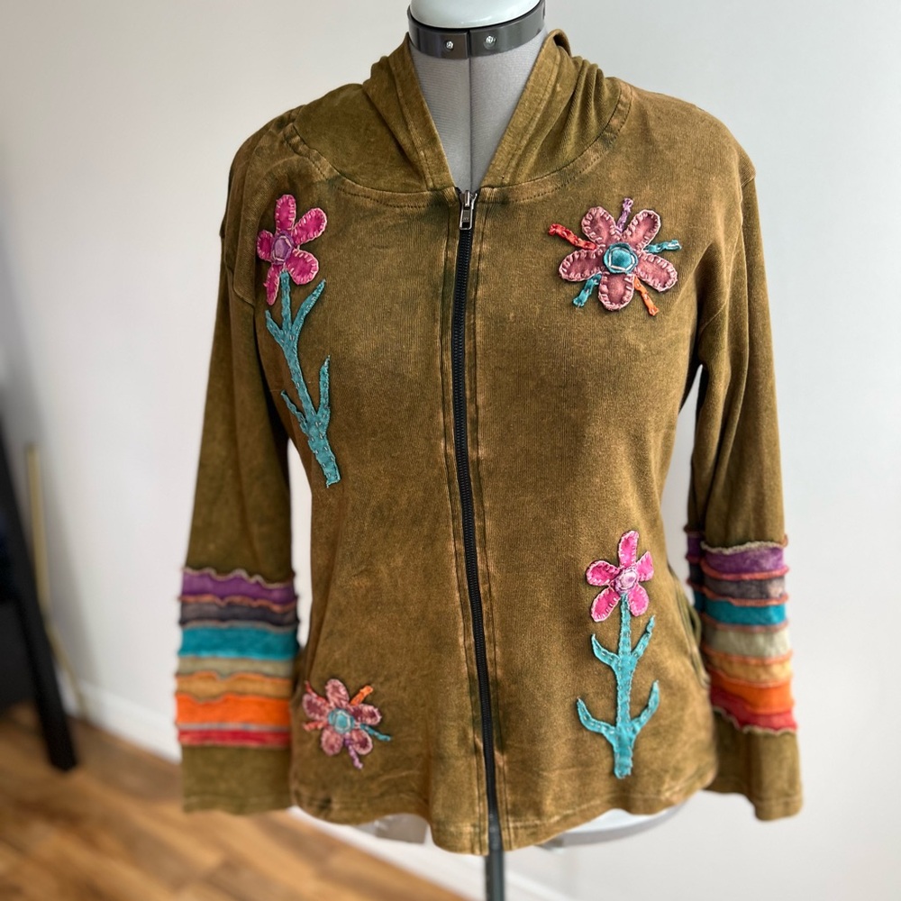 Y2 K Ark Floral 100% cotton Embroidered Women's Hoodie Jacket - Picture 3 of 9